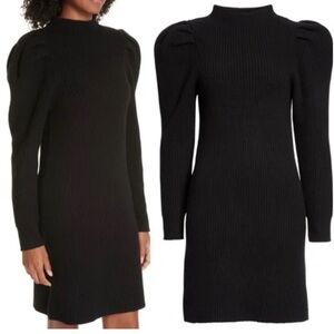 Sandro Paris black puff sleeve wool ribbed fitted knit sweater knee length dress
